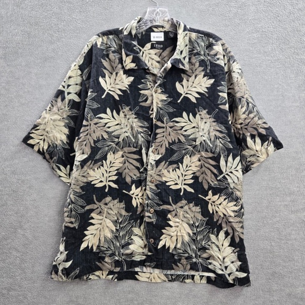 IZOD Men Button Up Shirt XL Black Golf Silk Linen Leaf Print Short Sleeve Collar